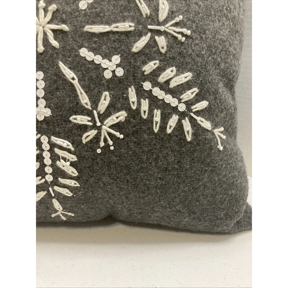 Vtg Pier 1 Beaded Flannel Pillow Gray Snowflake Beaded Sequin 15